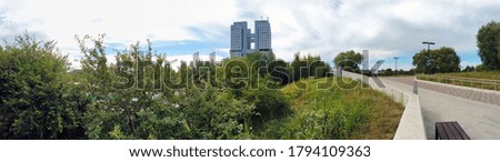 Panoramic cityscape with House of Soviets - unfinished abandoned skyscraper building, famous tourist sight and city landmark in central part of Kaliningrad, Russia (formerly Koenigsberg) at sunny day