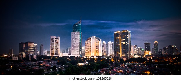 Panoramic Cityscape Of Indonesia Capital City Jakarta At Night