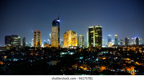 Panoramic Cityscape Of Indonesia Capital City Jakarta At Night