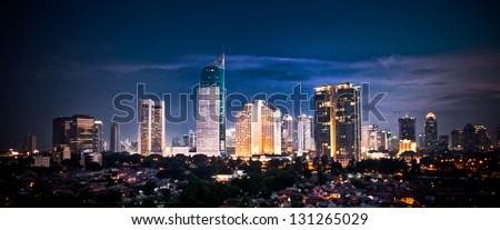 Panoramic cityscape of Indonesia capital city Jakarta at night