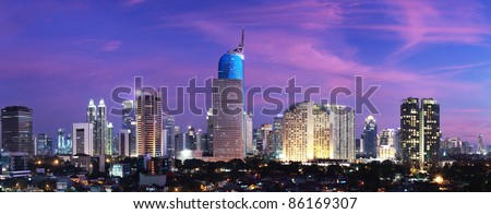 Panoramic cityscape of Indonesia capital city Jakarta at sunset