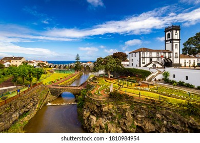 Panoramic cityscape view to Municipality and central square Of Ribeira Grande, Sao Miguel, Azores, Portugal. Central square of Ribeira Grande, Sao Miguel, Azores, Portugal.