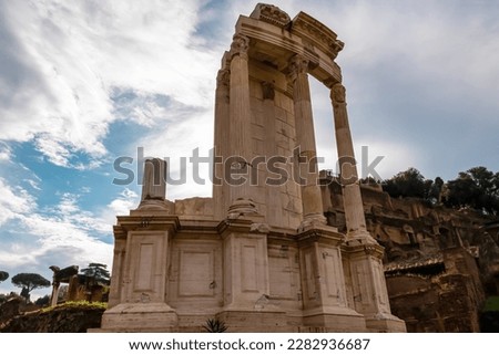 Panoramic close up view on the House of Vestal Virgins in the Roman Forum (Foro Romano) in the city of Rome, Lazio, Italy, EU Europe. Ancient ruins of the Roman Temple on Via Sacra. Culture trip