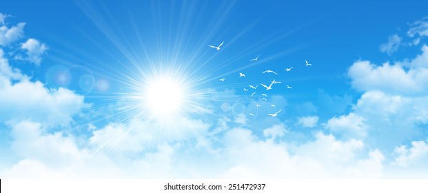Panoramic cloudscape. High resolution blue sky background. Sun and birds breaking through white clouds