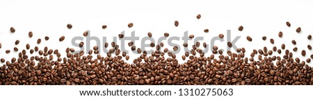 Panoramic coffee beans border isolated on white background with copy space