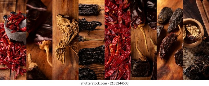 Panoramic Collage Of Different Assortment Of Mexican Dried Chili Peppers. Chile Morita, Guajillo, De Arbol, Chipotle And Pasilla. Used In A Variety Of Mexican Preparations.