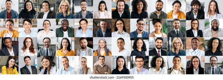 Panoramic collage of a lot of happy positive multiracial people looking at the camera. Many smiling multiethnic faces of successful business people of different ages, smiling friendly into the camera - Shutterstock ID 2169500905