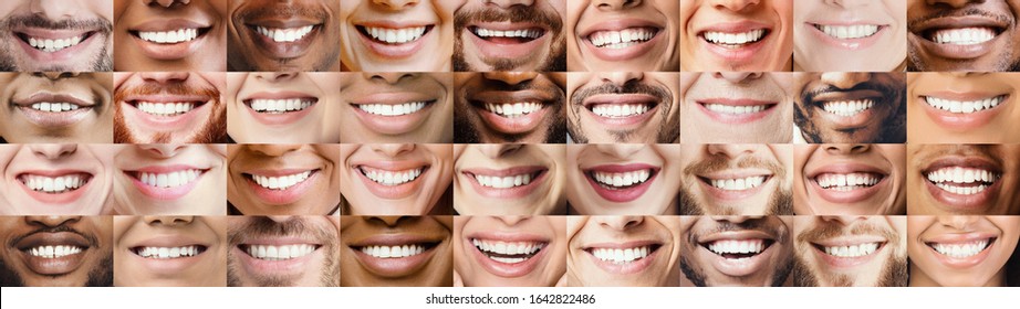 Panoramic collage of multiracial toothy people smiles, oral care and stomatology concept