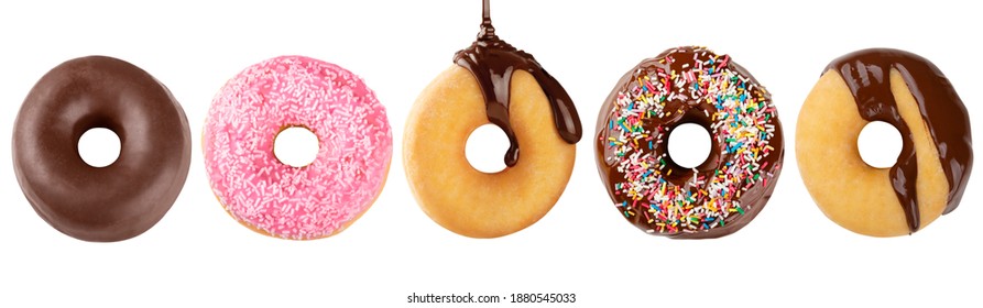 Panoramic composition of a group of delicious doughnuts decorated with different toppings of melted chocolate, pink icing and color sprinkles isolated on a white background - Powered by Shutterstock