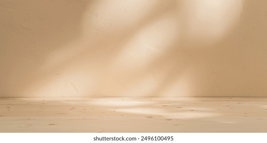 Panoramic composition with sun light reflections on the wall and wood empty table. Mock up for presentation. Empty table on bright beige, neutral wall background. 