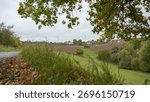 Panoramic countryside view with fields, trees and distant village under cloudy sky. Autumn nature of rural Europe