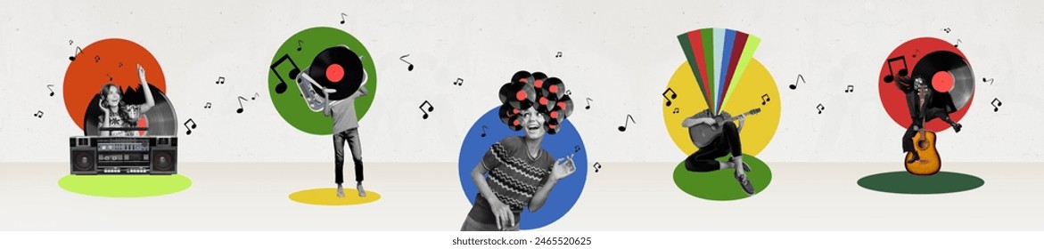 Panoramic creative collage image festive event entertainment disco cassette player concert guitarist acoustic instrument drawing background
