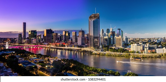 Panoramic day and night areal image of Brisbane CBD and South Bank, Queensland, Australia