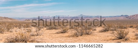 Panoramic of desert landscape in Spangler Hills, CA.