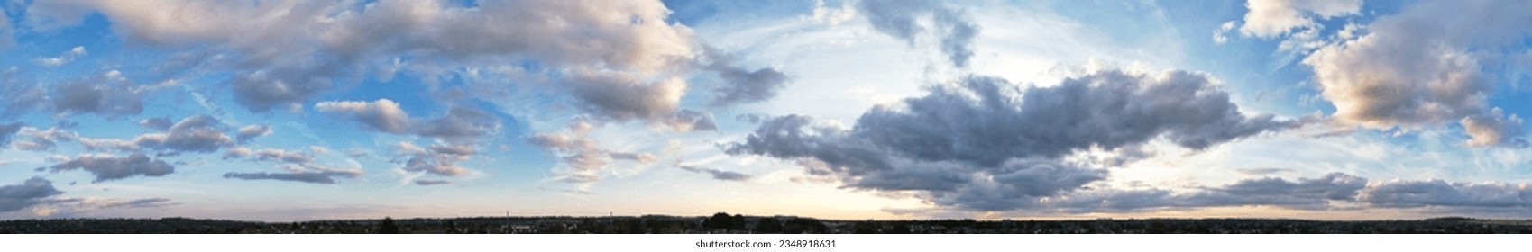 Panoramic Dramatic Clouds and Sky over the Luton City of England UK. High Angle Drone's Camera Footage Captured on August 7th, 2023
