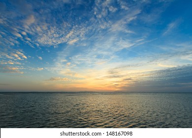 Panoramic dramatic sunset sky and tropical sea at dusk