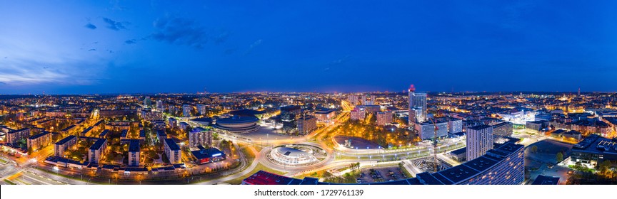 Panoramic drone aerial view on Katowice center at night