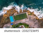 Panoramic drone aerial view over Dee Why rock pool, Northern Beaches Sydney NSW Australia