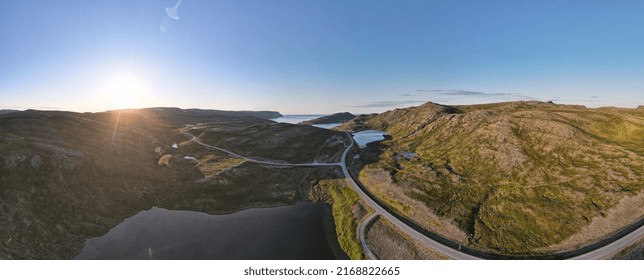 Panoramic Drone Shot Of A Fjord Nearby The North Cape In Norway At Sunset