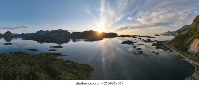 Panoramic Drone Shot Of A Fjord In Norway At Sunset