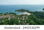 Panoramic drone shot overlooking the Roça Agua Izé town, in Sao Tome and Principe,Africa