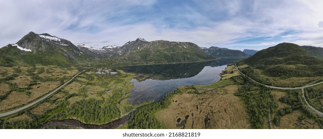 Panoramic Drone Shot Of A Small Fjord In Norway