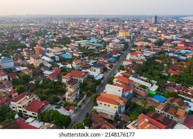 Panoramic drone view of cityscape near Mekong River in Kampong Cham, Cambodia.