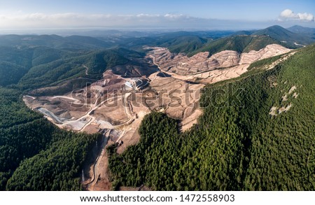 Panoramic drone view of Kaz Mountains. Mount Ida gold mine. Deforestation of the mountain in Canakkale / Turkey. Gold mine from above. 