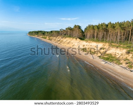 Panoramic drone view of Staldzene Cliffs and Baltic Sea coastline near Ventspils, Latvia