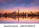 Panoramic Dubai skyline with Reflection in Pastel Sunset colors 