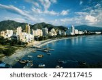 Panoramic of El Rodadero with sky blue. Santa Marta, Magdalena, Colombia. 