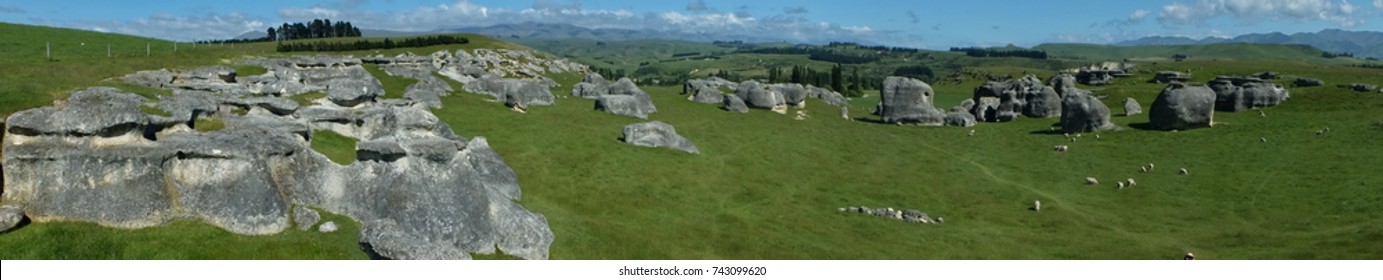 Panoramic Of Elephant Rocks In North Otago, New Zealand