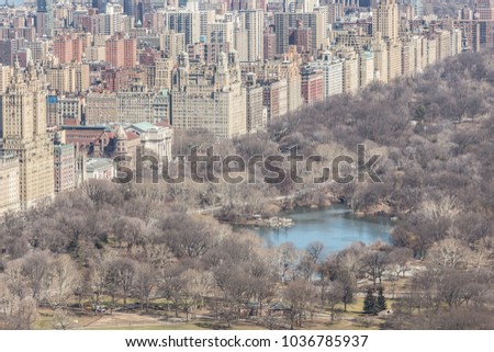 Panoramic elevated view of Central Park and Upper West Side in Winter. Manhattan, New York City, USA