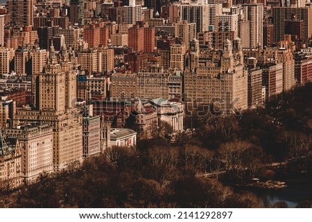 Panoramic elevated view of Central Park, and Upper West Side in Fall. Manhattan, New York City, USA
