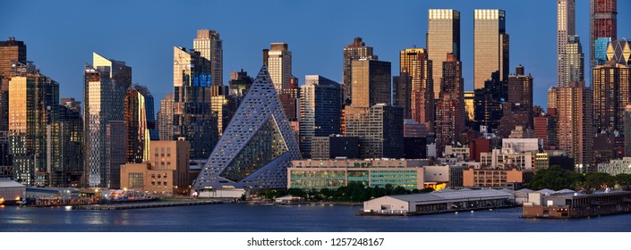 Panoramic Elevated View Of The Skyscrapers Of Midtown West At Sunset. New York City, USA