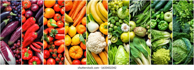 Panoramic food background with assortment of fresh organic fruits and vegetables in rainbow colors - Shutterstock ID 1633432342