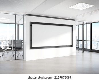 Panoramic frame Mockup hanging on office wall. Mock up of a billboard in modern company interior 3D rendering
