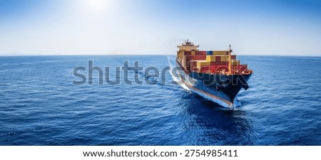 Panoramic front view of a cargo ship carrying containers for import and export, business logistic and transportation in open sea with copy space 