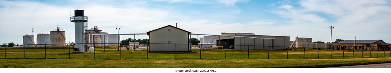 Panoramic Generic Chemical Tank Farm With Fencing And Emergency Flare