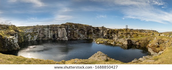Panoramic of\
Gold diggings flooded quarry Bodmin\
Moor