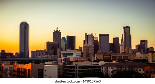 Panoramic Golden Sunset. Dallas Texas USA Skyline Cityscape Blue Hour Sunset City In The Big North Texas City With Huge Skyscrapers And Reunion Tower Space Needle