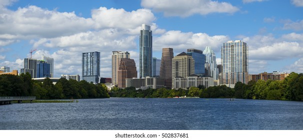 Panoramic High Detail Austin Texas Skyline Cityscape From The Riverside Pedestrian Bridge On The Colorado River Or Town Lake Summer Time Bliss