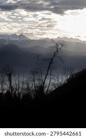A panoramic high-angle view of a deep mountain valley filled with a dense layer of low fog and mist. Layered dark hillsides and silhouetted winter trees frame the foreground, while a massive, snow-covered alpine mountain range stretches beneath a bright, overcast sky.