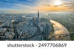 Panoramic of Ho chi minh city or Saigon city at sunrise in Vietnam.