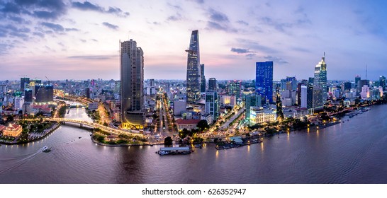 Panoramic of Ho chi minh city or Saigon city at sunset in Vietnam. Same Bangkok , Thailand