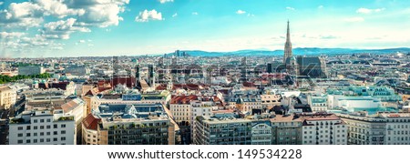 Panoramic horizontal image aerial view of Vienna city, banner for website header design copy space for text. Austria 