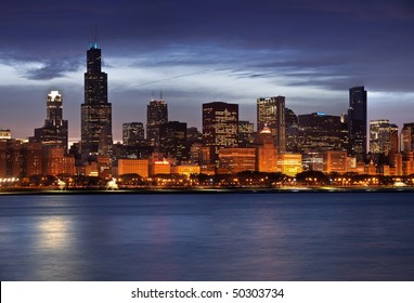 Panoramic Image Of Chicago Skyline At Dusk.