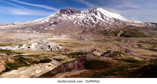 Panoramic image of Mount St. Helens showing miles of barren lands and destroyed landscape caused by the 1980 eruption - Powered by Shutterstock