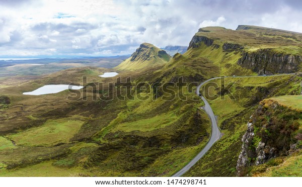 Panoramic image of spectacular scenery\
of The Quiraing on the Isle of Skye in summer ,\
Scotland