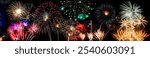 Panoramic images of pyrotechnic devices or fireworks with visual effects, radiant colors and strong explosions on a black background